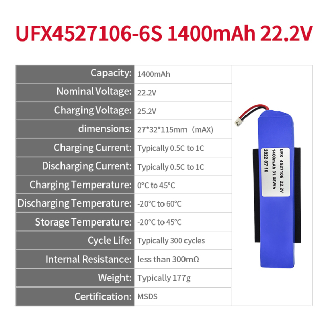 lithium ion battery manufacturers lithium ion battery pack UFX 4527106-6S 1400mAh 22.2V pouch type lithium ion battery