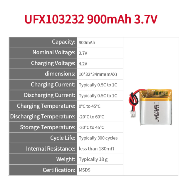 리튬 배터리 공급망 인스턴트 카메라의 경우 UFX 103232 900mAh 3.7V 리튬 이온 배터리 파우치 셀