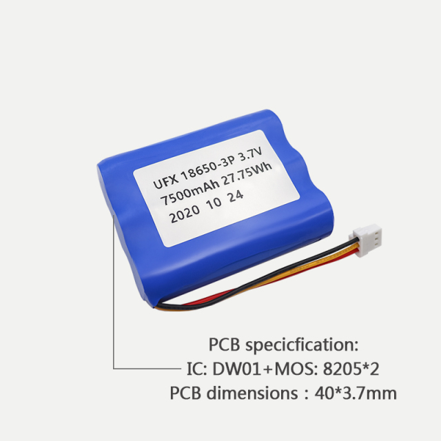 리튬 파우치 셀 공급업체 18650 충전식 배터리 UFX 18650-3P 7500mAh 3.7V 원통형 배터리