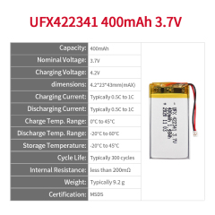 배터리 제조 회사 저렴한 공유 차량 위치 찾기 배터리 UFX 422341 400mAh 3.7V 리튬 이온 배터리 파우치 셀