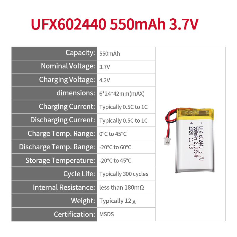 리튬 배터리 팩 공급업체 전자 담배용 도매 충전식 배터리 UFX 602440 550mAh 3.7V 소비자 가전 배터리