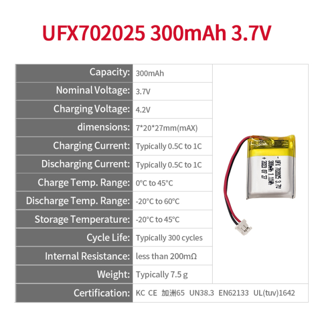 리튬 이온 폴리머 배터리 공장 게이트웨이 알람 배터리 도매 UFX 702025 300mAh 3.7V 스피커 전용 리튬 이온 배터리의 전문 제작