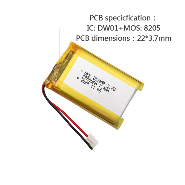리튬 이온 셀 제조업체 모기 구충제 램프용 배터리 UFX 103450 2000mAh 3.7V UL CE FCC UN 인증