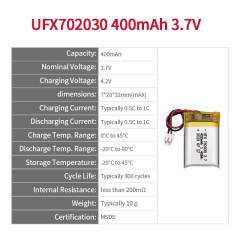 Lithium Ion Cell Manufacturers Battery-powered pet toys UFX 702030 400mAh 3.7V Cylindrical Battery Pack