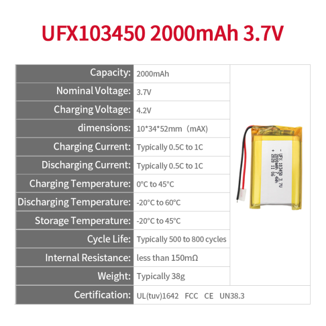 리튬 이온 셀 제조업체 모기 구충제 램프용 배터리 UFX 103450 2000mAh 3.7V UL CE FCC UN 인증