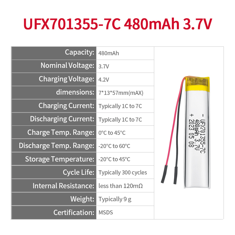 배터리로 작동하는 애완동물 장난감 무선 장치용 배터리 팩 UFX 701355-7C 480mAh 3.7V 7C 방전 배터리