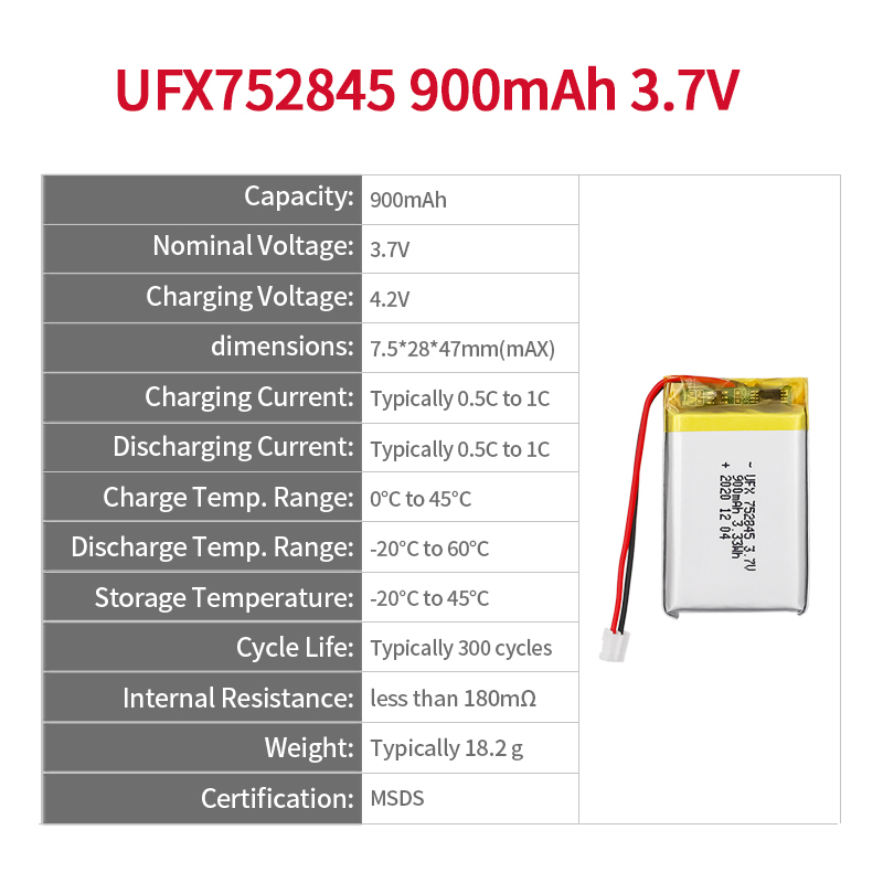 리튬 제조 회사 전기 면도기 배터리 UFX 752845 900mAh 3.7V
