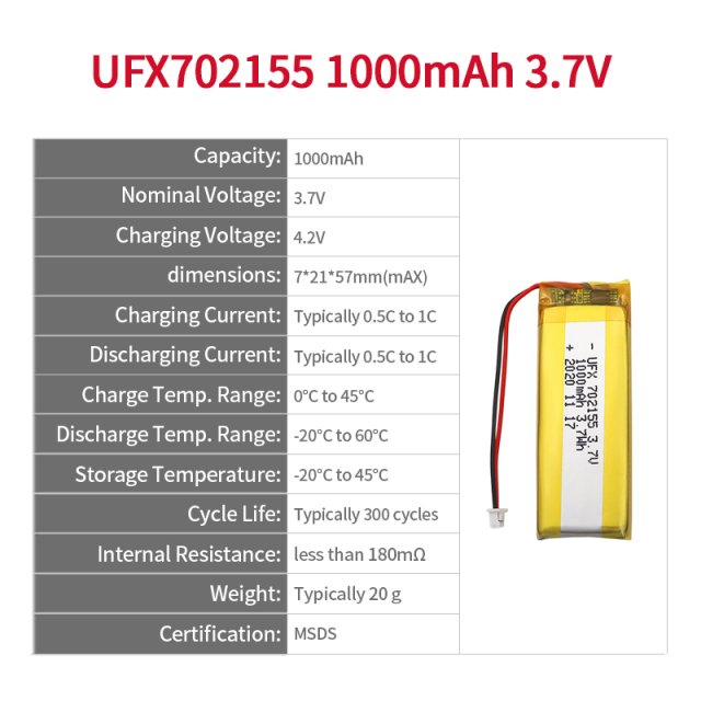 중국산 리튬 배터리 무선 벨 배터리 UFX 702155 1000mAh 3.7V PCB 보호 보드 포함