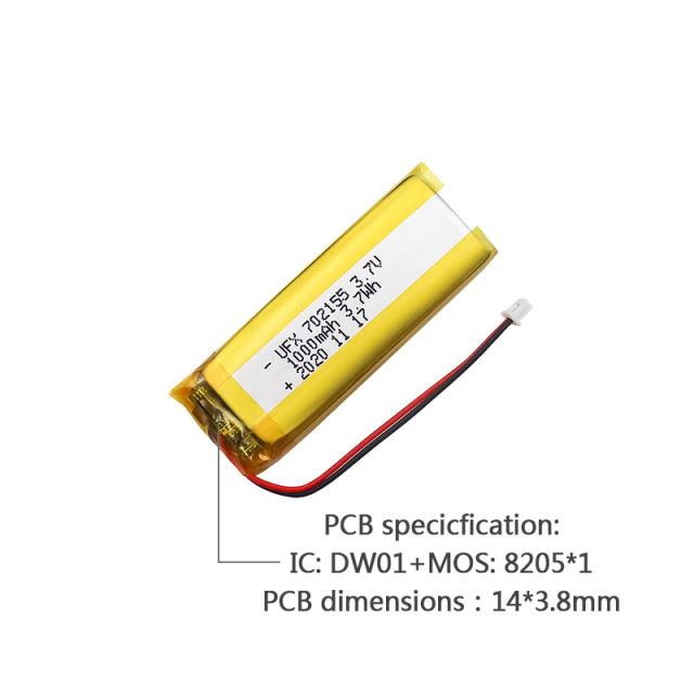 중국산 리튬 배터리 무선 벨 배터리 UFX 702155 1000mAh 3.7V PCB 보호 보드 포함