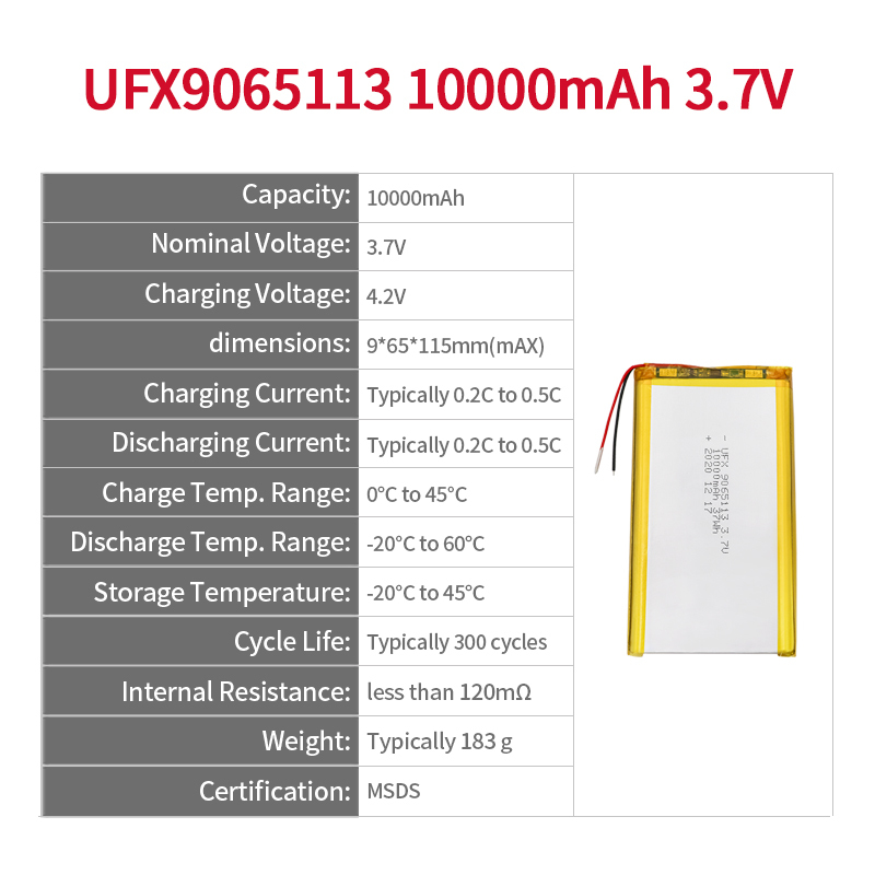 UFX 9065113 10000mAh 3.7V 리튬 이온 배터리