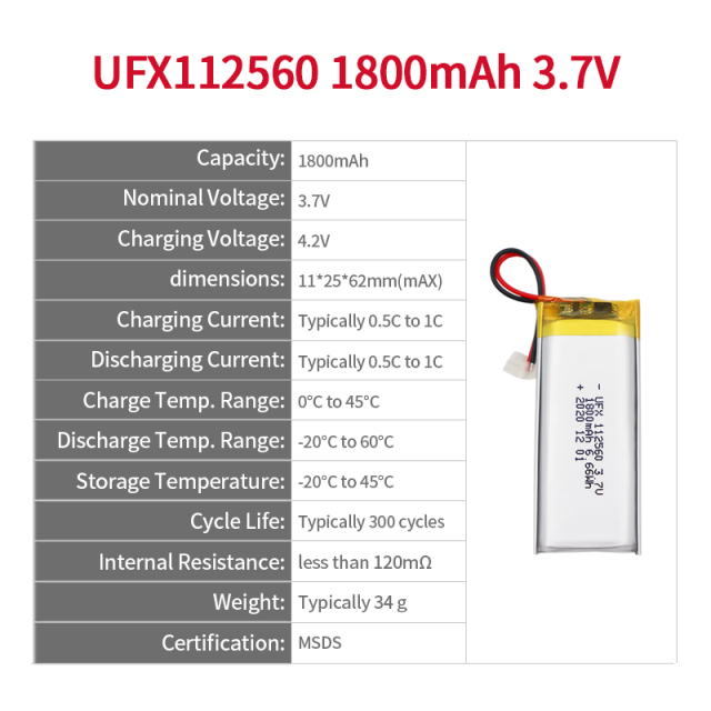 리튬 제조 회사 기타용 배터리 UFX 112560 1800mAh 3.7V 충전식 리튬 이온 배터리