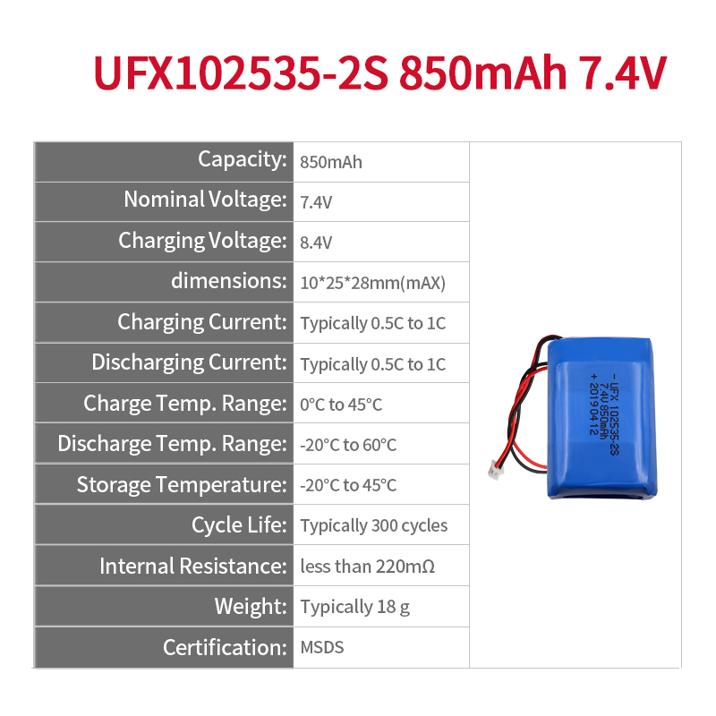 Li-ion Battery Manufacturers In China Supply Medical Beauty Equipment UFX 102535 7.4V 2s 850mah lipo