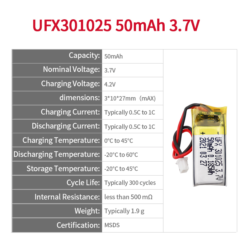 중국 배터리 회사 디지털 마이크로미터 배터리 UFX 301025 50mAh 3.7V 충전식 배터리(충전기 포함)