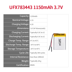 중국 배터리 공급 업체 전화기용 충전식 배터리 UFX 783443 1150mAh 3.7V 충전식 리튬 이온 배터리