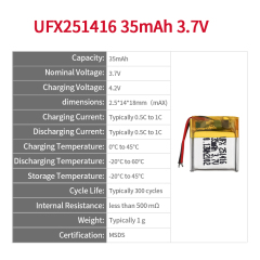 리튬 배터리 제조업체 중국 디지털 멀티미터 배터리 UFX 251416 35mAh 3.7V 가장 작은 리튬 이온 배터리