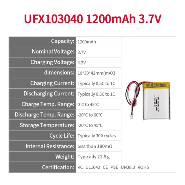 리튬 배터리 제조업체 중국 산소 농축기 충전식 리튬 배터리 UFX 103040 1200mAh 3.7V 3.7v