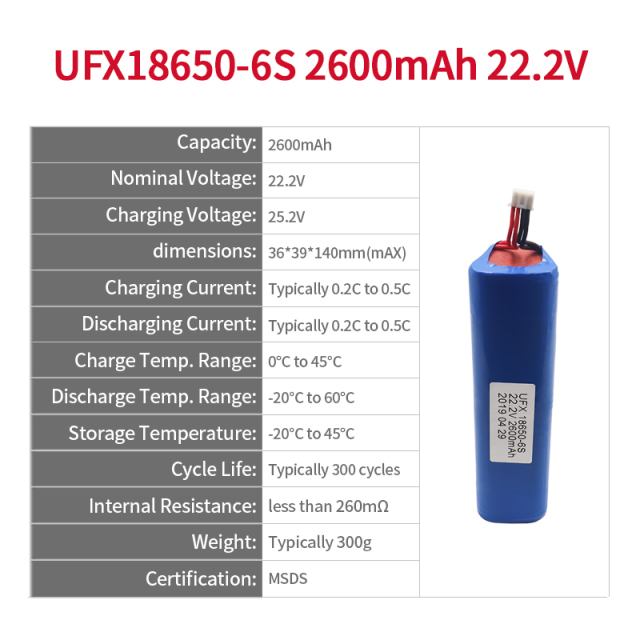 리튬 이온 배터리 제조업체 리튬 이온 배터리 팩 UFX 4527106-6S 1400mAh 22.2V 파우치형 리튬 이온 배터리
