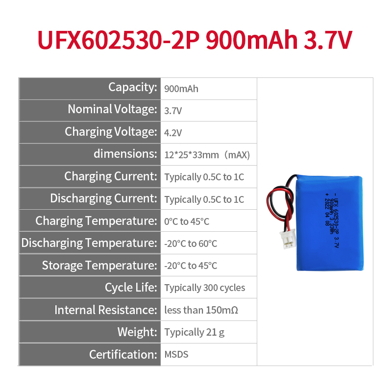 배터리 팩 공급업체 밀러 디지털 엘리트 배터리 UFX 602530-2P 900mAh 3.7V 2 cell battery