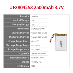중국 리튬이온 전지 공장 맞춤형 모니터링 장비 배터리 UFX 803280 2500mAh 3.7V 리튬 이온 폴리머 배터리 팩