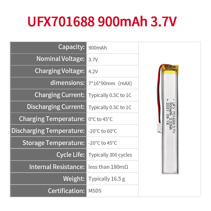 Li-ion Cell Manufacturer Batteries Series UFX 701688 900mAh 3.7V Li-po Battery
