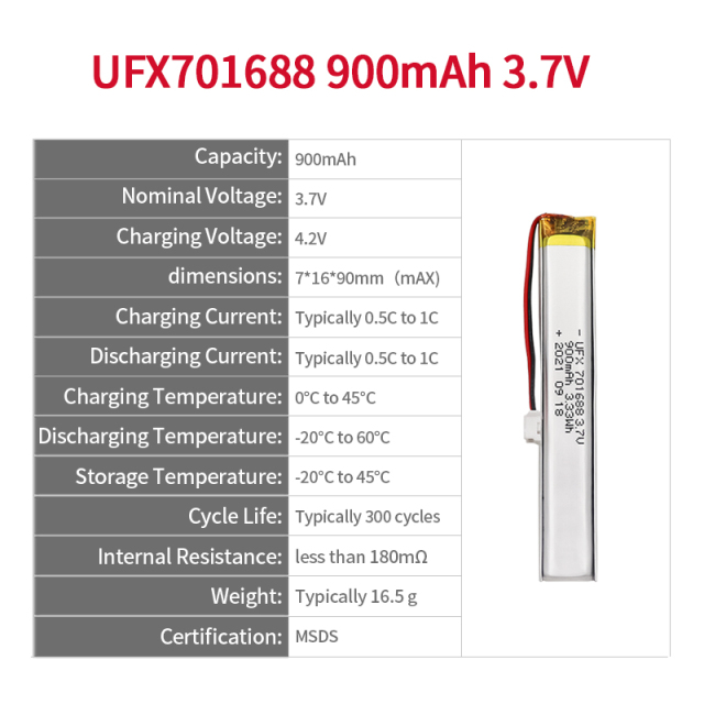 Li-ion Cell Manufacturer Batteries Series UFX 701688 900mAh 3.7V Li-po Battery
