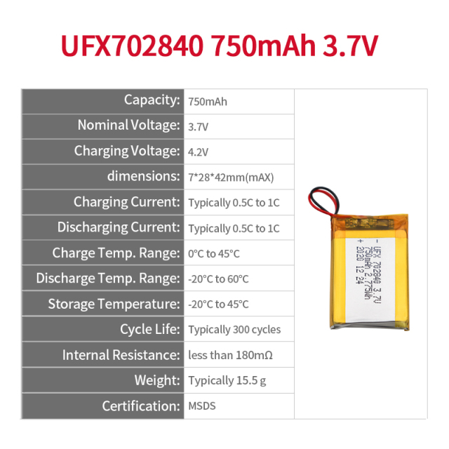 Wholesale Smart Door Lock Battery UFX 702840 750mAh 3.7V Polymer Li-ion Battery