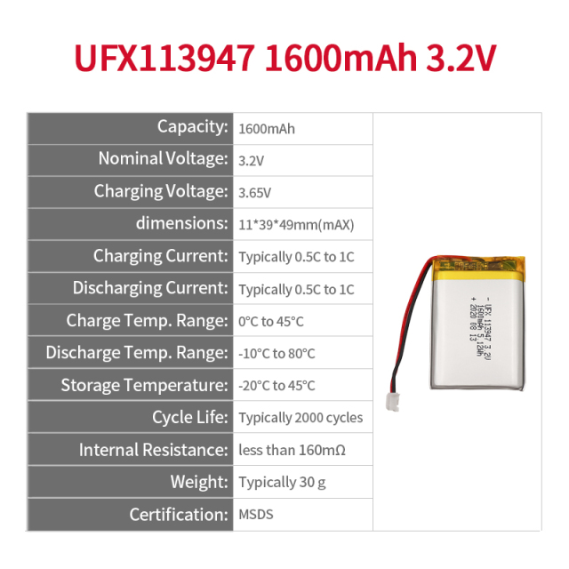 라이프포4 배터리 제조업체,태양광 정원 조명용 충전식 배터리,UFX 113947 1600mAh 3.2V,리튬 철 인산염 배터리 셀Lifepo4 배터리 방전 곡선,,