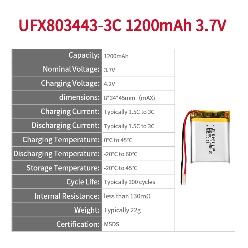 Lithium Battery Manufacturer In China Electric Toothbrush Battery UFX 803443 3.7V 1200mAh 3C Rate Li-ion Polymer Battery Pack