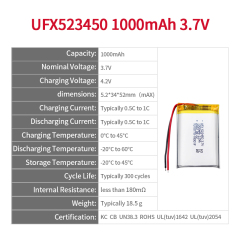 리튬 배터리 제조 업체 디지털 캠코더 배터리 UFX 523450 1000mAh 3.7V 고밀도 배터리 팩
