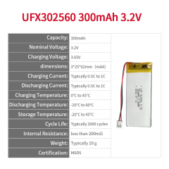 라이프포4 배터리 제조업체 태양 에너지용 충전식 배터리 UFX 302560 300mAh 3.2V 3.2V 리듐 인산철 배터리
