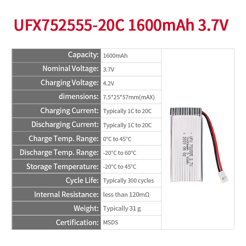 Lithium Battery Manufacturers In China Customized Watchdog Battery UFX 752555 1600mAh 3.7V High Power Rechargeable Battery