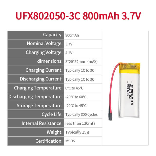 Lithium Battery Manufacturers In China Customized Rechargeable Battery For Drone UFX 802050-3C 800mAh 3.7V 3C Discharge Rate
