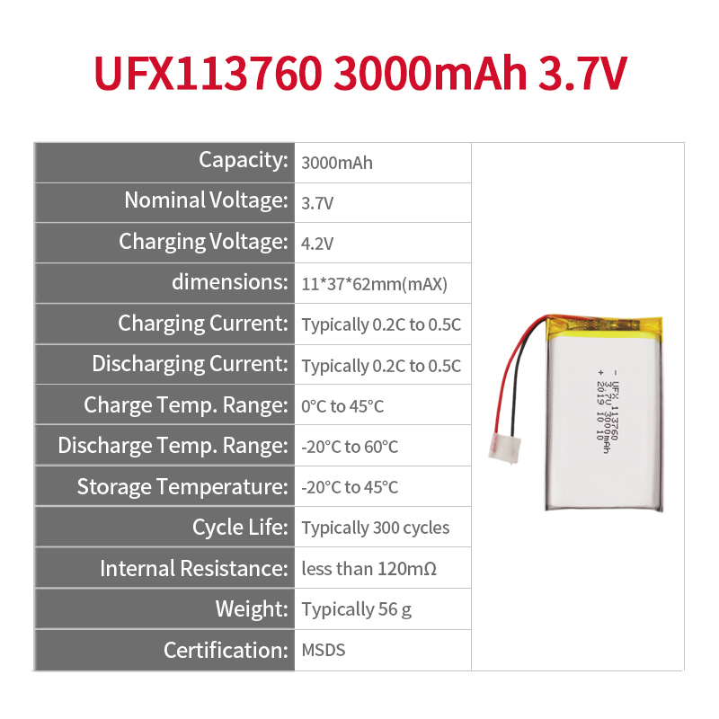 중국 최고의 리튬 이온 배터리 제조업체 반려동물 식수 디스펜서 전원용 배터리 UFX 113760 3000mAh 3.7V 리튬 이온 배터리 3.7v 3000mAh