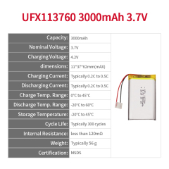 중국 최고의 리튬 이온 배터리 제조업체 반려동물 식수 디스펜서 전원용 배터리 UFX 113760 3000mAh 3.7V 리튬 이온 배터리 3.7v 3000mAh