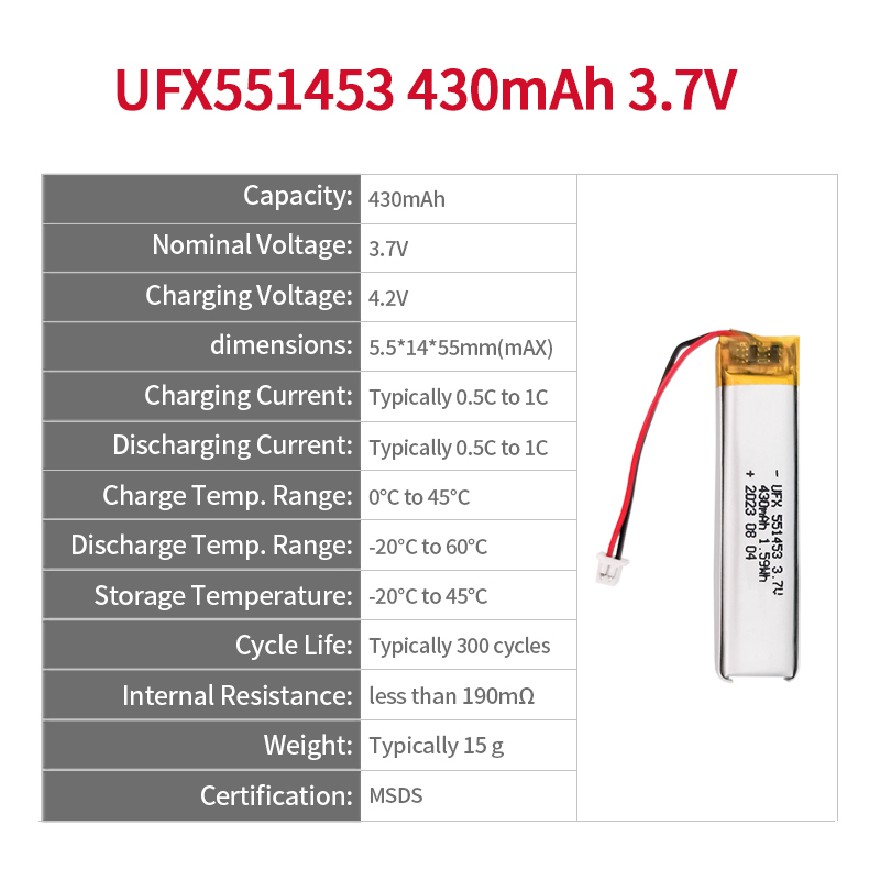 Lithium Cell Manufacturers Customized Wireless Pet Feeders Battery UFX 551453 430mAh 3.7V Battery Lipo