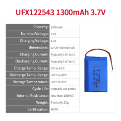 중국 리튬 배터리 대용량 gopro 배터리 UFX 122543 1300mAh 3.7V