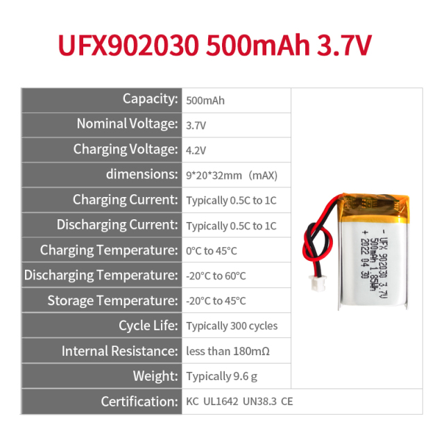 중국 배터리 회사 UFX 902030 500mAh 3.7V