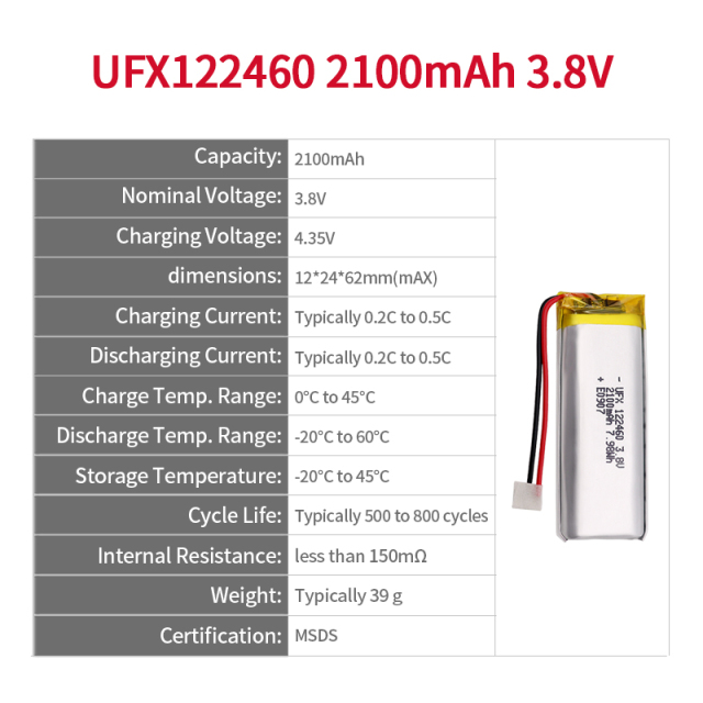 중국의 리튬 이온 전지 제조업체 무선 전화기용 충전식 배터리 UFX 122460 2100mAh 3.8V Polymer Batteries