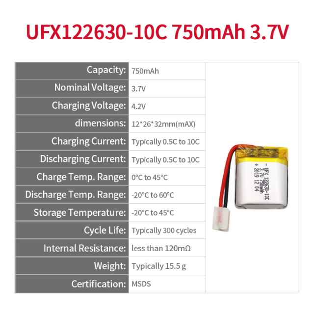 중국 리튬 이온 전지 제조업체 맞춤형 공기 청정기 배터리 UFX 654065-5C 1900mAh 3.7V 5C 방전 배터리 팩