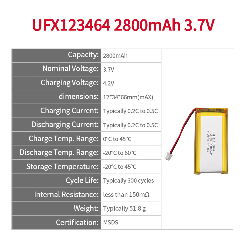 중국 리튬 배터리 제조업체 UFX 123464 2800mAh 3.7V 대용량 리튬 배터리