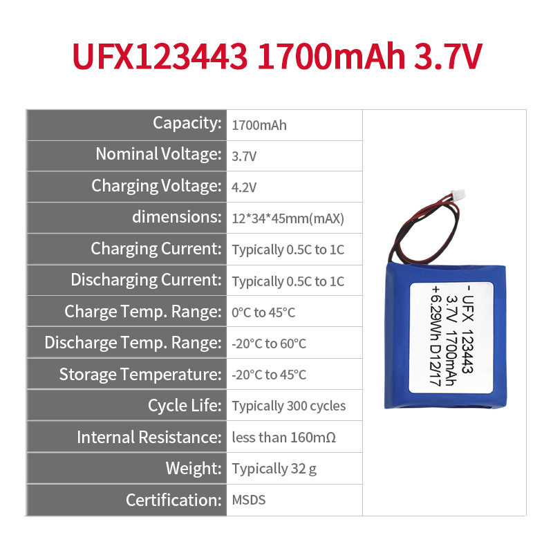 미국의 리튬 배터리 제조업체 UFX123443 1700mAh 3.7V 충전식 리튬 이온 배터리