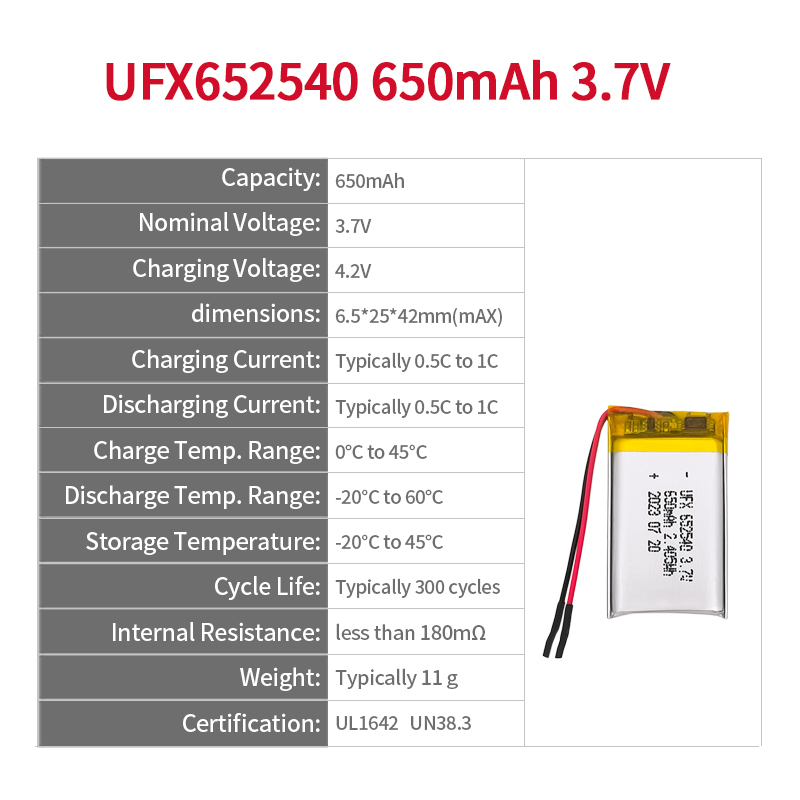 중국 배터리 공급 업체 반려동물 활동 추적기 배터리 UFX 652540 650mAh 3.7V 미니 리튬 전지