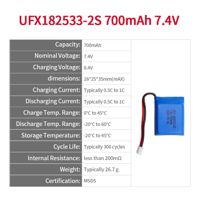 리튬 폴리머 배터리 제조업체 UFX 182533-2S 700mAh 7.4V 2셀 배터리