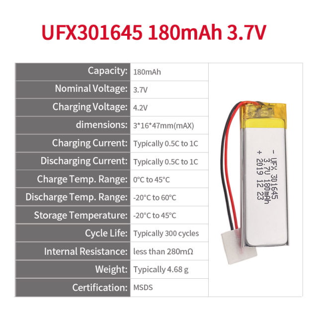 Lithium Polymer Battery Manufacturer UFX 301645 180mAh Lipo Battery 3.7 v 180mah