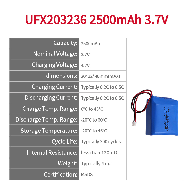 리튬 폴리머 제조업체 UFX 203236 2500mAh 3.7V 2p 배터리