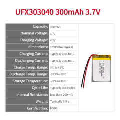 중국의 나트륨 이온 배터리 제조업체 손전등용 리튬 이온 배터리 UFX 303040 300mAh 3.7V 얇은 리튬 이온 배터리