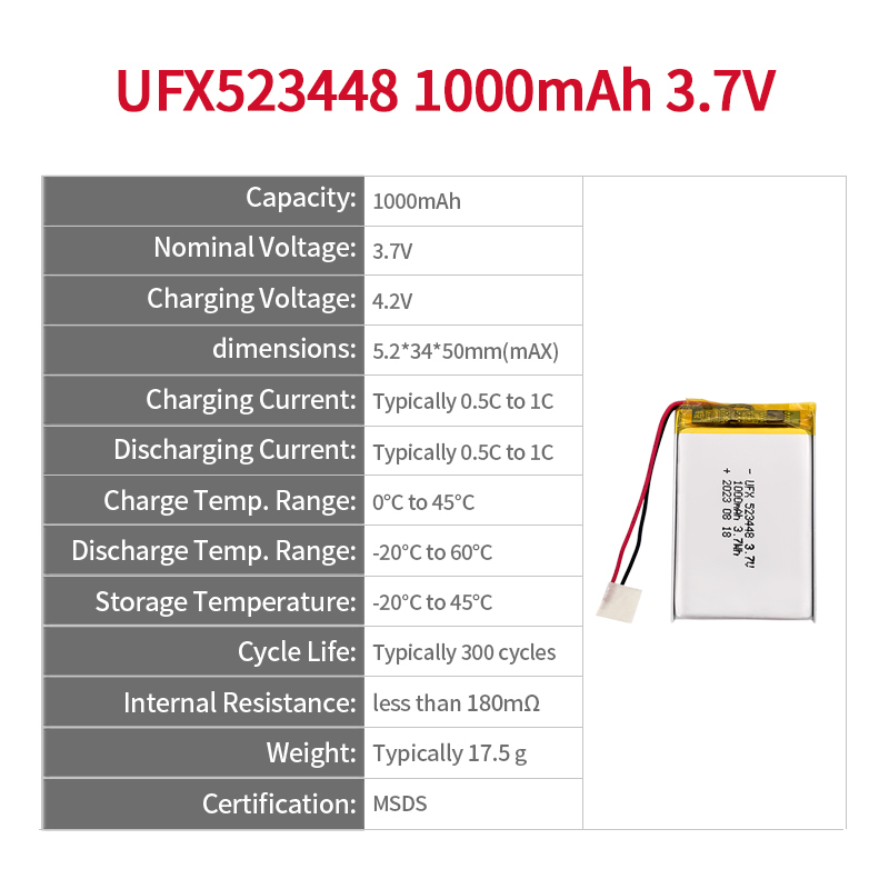 리튬 배터리 제조 업체 디지털 캠코더 배터리 UFX 523450 1000mAh 3.7V 고밀도 배터리 팩