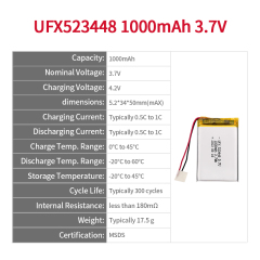 리튬 배터리 제조 업체 디지털 캠코더 배터리 UFX 523450 1000mAh 3.7V 고밀도 배터리 팩