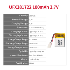 리튬 이온 배터리 제조업체 중국 휴대폰 충전식 배터리 팩 UFX 381722 100mAh 3.7V 고용량 소형 배터리