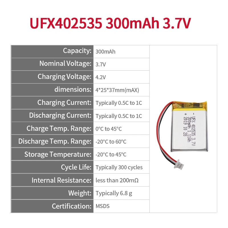 UFX 402535 300mAh 3.7V KC 인증을 받은 배터리